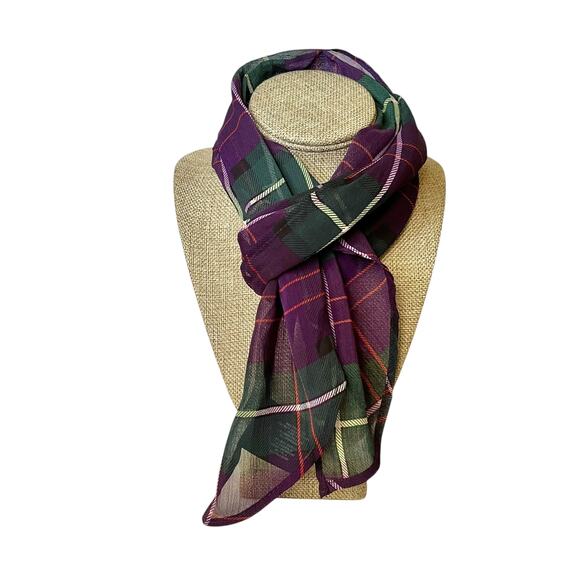 Polo Ralph Lauren Purple Green Tartan Plaid Chiffon Wingtip Scarf - Picture 1 of 7